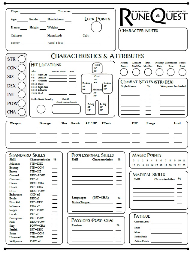 Character Sheet for RuneQuest 6th edition